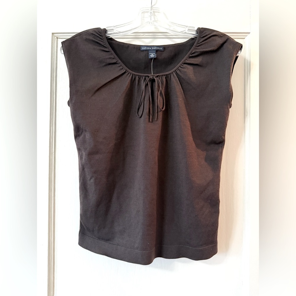 Banana Republic | Chocolate Silk Knit Tie-Neck Cap Sleeve Sweater - Sz S
